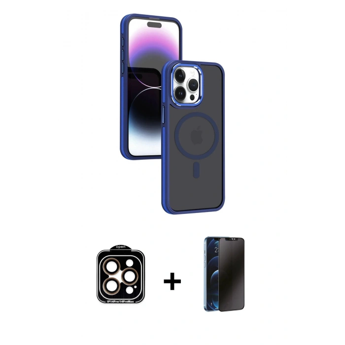 MARSİLYAN™- iPhone 15 Pro Max Kılıf Yörünge Klasik - Siyah 3D Antistatik Hayalet Cam Ekran Koruyucu + PVD Metal Kamera Lens - TU
