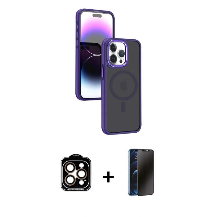 MARSİLYAN™- iPhone 15 Pro Max Kılıf Yörünge Klasik - Siyah 3D Antistatik Hayalet Cam Ekran Koruyucu + PVD Metal Kamera Lens - TU