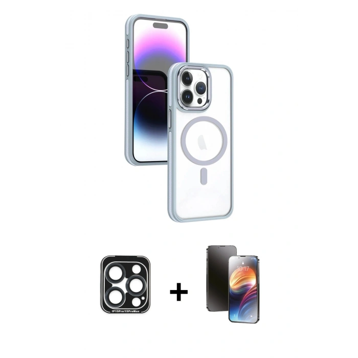 MARSİLYAN™- iPhone 15 Pro Max Kılıf Yörünge Klasik - Siyah 3D Antistatik Mat Seramik Nano Ekran Koruyucu + Lacivert PVD Metal Kamera Lens