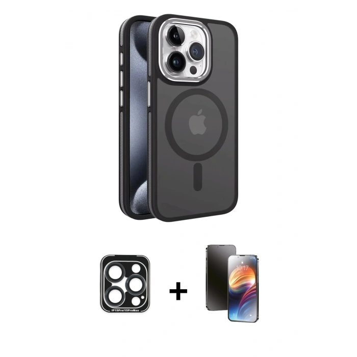 MARSİLYAN™- iPhone 15 Pro Max Kılıf Yörünge Klasik - Siyah 3D Antistatik Mat Seramik Nano Ekran Koruyucu + Lacivert PVD Metal Kamera Lens