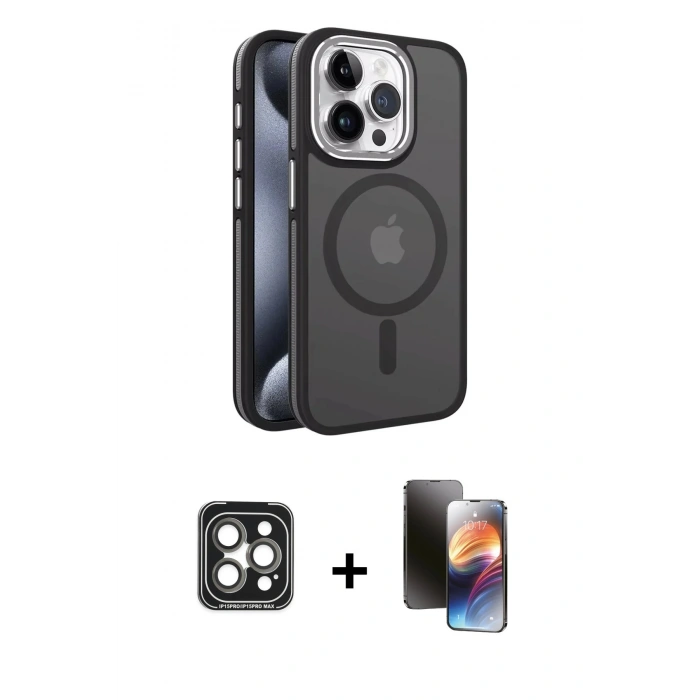 MARSİLYAN™- iPhone 15 Pro Max Kılıf Yörünge Klasik - Siyah 3D Antistatik Mat Seramik Nano Ekran Koruyucu + PVD Metal Kamera Lens - GI