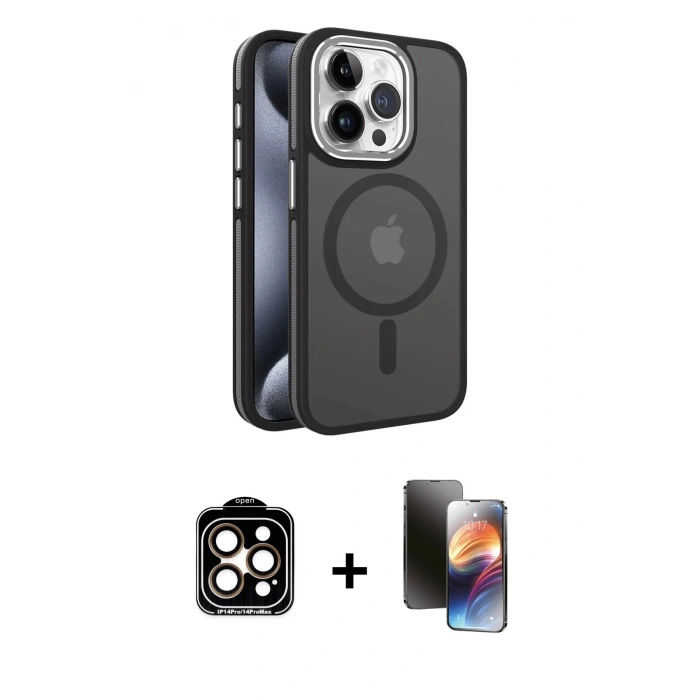 MARSİLYAN™- iPhone 15 Pro Max Kılıf Yörünge Klasik - Siyah 3D Antistatik Mat Seramik Nano Ekran Koruyucu + Turuncu PVD Metal Kamera Lens