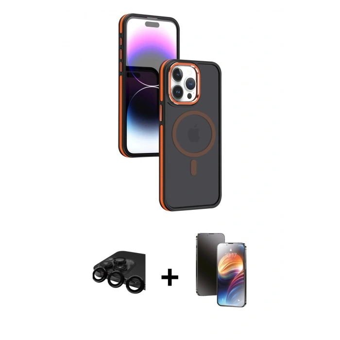 MARSİLYAN™- iPhone 15 Pro Max Kılıf Yörünge Klasik - Siyah 3D Antistatik Mat Seramik Nano Ekran Koruyucu + Raze Metal Kamera Lens - SH