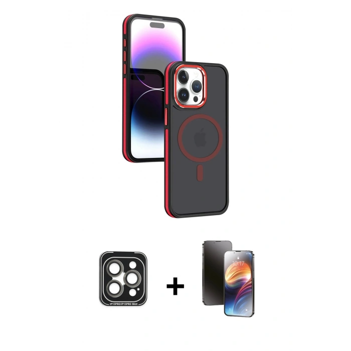 MARSİLYAN™- iPhone 15 Pro Max Kılıf Yörünge Klasik - Siyah 3D Antistatik Mat Seramik Nano Ekran Koruyucu + PVD Metal Kamera Lens - GI