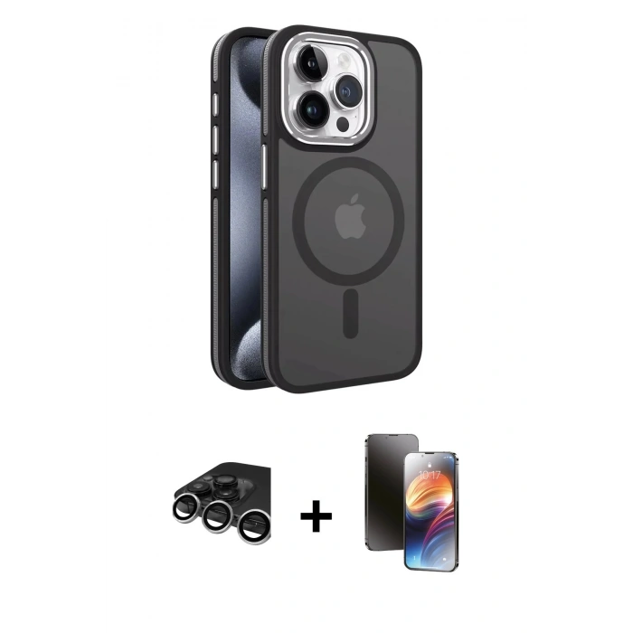 MARSİLYAN™- iPhone 15 Pro Max Kılıf Yörünge Klasik - Siyah 3D Antistatik Mat Seramik Nano Ekran Koruyucu + Raze Metal Kamera Lens - GS