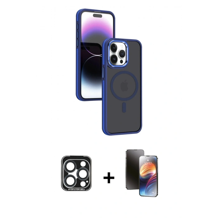MARSİLYAN™- iPhone 15 Pro Max Kılıf Yörünge Klasik - Siyah 3D Antistatik Mat Seramik Nano Ekran Koruyucu + Lacivert PVD Metal Kamera Lens