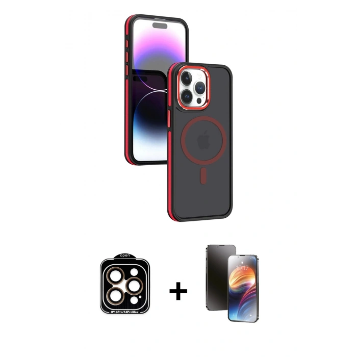 MARSİLYAN™- iPhone 15 Pro Max Kılıf Yörünge Klasik - Siyah 3D Antistatik Mat Seramik Nano Ekran Koruyucu + Turuncu PVD Metal Kamera Lens