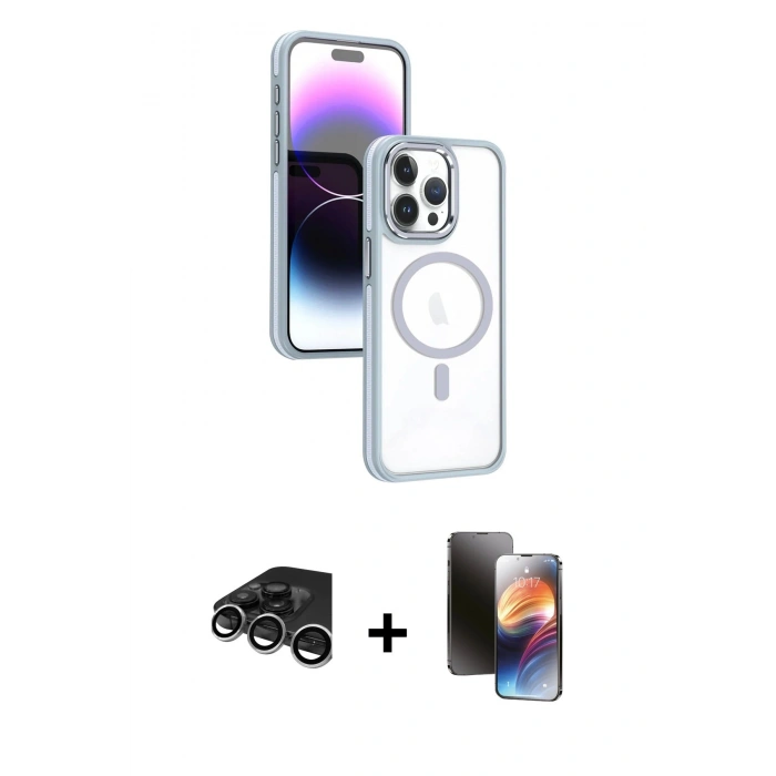 MARSİLYAN™- iPhone 15 Pro Max Kılıf Yörünge Klasik - Siyah 3D Antistatik Mat Seramik Nano Ekran Koruyucu + Raze Metal Kamera Lens - GS