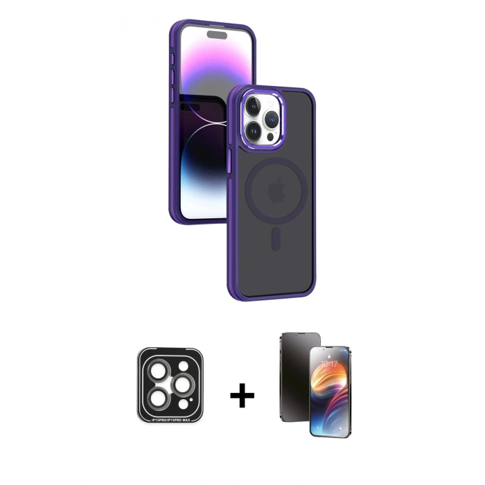 MARSİLYAN™- iPhone 15 Pro Max Kılıf Yörünge Klasik - Siyah 3D Antistatik Mat Seramik Nano Ekran Koruyucu + PVD Metal Kamera Lens - GI