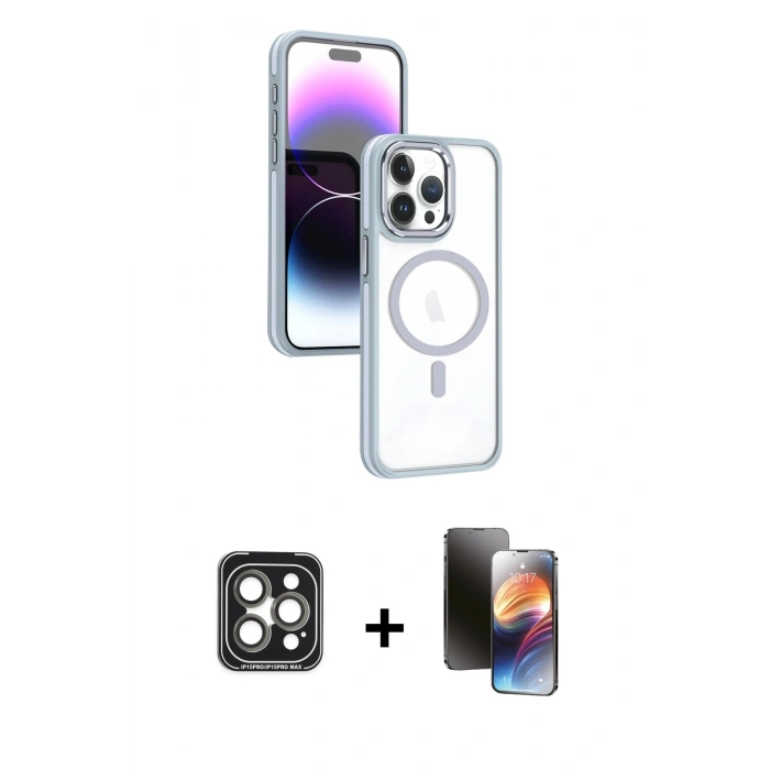 MARSİLYAN™- iPhone 15 Pro Max Kılıf Yörünge Klasik - Siyah 3D Antistatik Mat Seramik Nano Ekran Koruyucu + PVD Metal Kamera Lens - GI