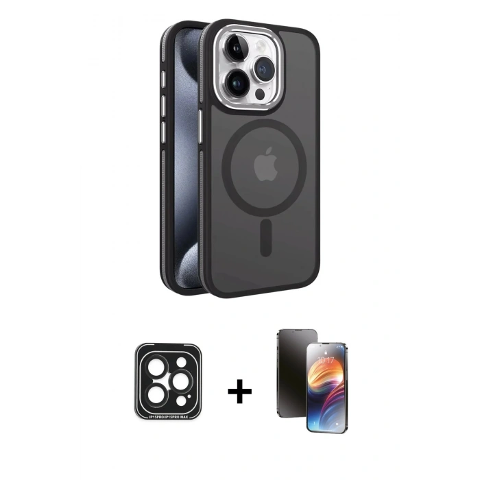 MARSİLYAN™- iPhone 15 Pro Max Kılıf Yörünge Klasik - Siyah 3D Antistatik Mat Seramik Nano Ekran Koruyucu + PVD Metal Kamera Lens - SH