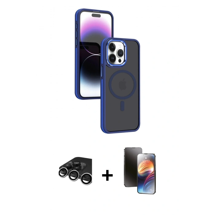 MARSİLYAN™- iPhone 15 Pro Max Kılıf Yörünge Klasik - Siyah 3D Antistatik Mat Seramik Nano Ekran Koruyucu + Raze Metal Kamera Lens - GS