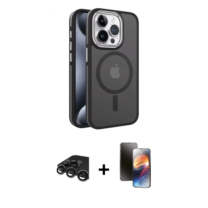 MARSİLYAN™- iPhone 15 Pro Max Kılıf Yörünge Klasik - Siyah 3D Antistatik Mat Seramik Nano Ekran Koruyucu + Raze Metal Kamera Lens - TMGI