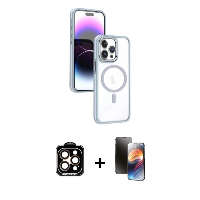 MARSİLYAN™- iPhone 15 Pro Max Kılıf Yörünge Klasik - Siyah 3D Antistatik Mat Seramik Nano Ekran Koruyucu + Turuncu PVD Metal Kamera Lens