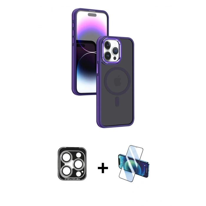MARSİLYAN™- iPhone 15 Pro Max Kılıf Yörünge Klasik - Siyah 3D Antistatik Seramik Nano Ekran Koruyucu + PVD Metal Kamera Lens - GS