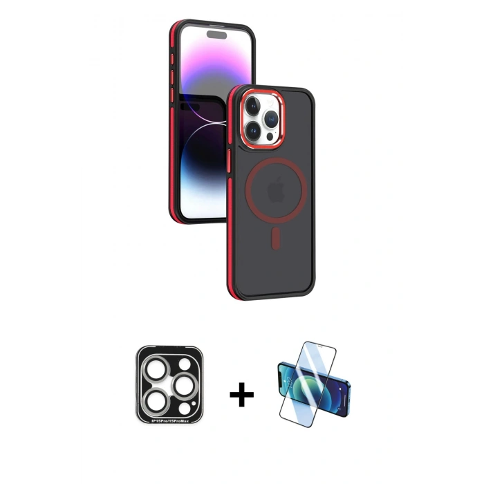 MARSİLYAN™- iPhone 15 Pro Max Kılıf Yörünge Klasik - Siyah 3D Antistatik Seramik Nano Ekran Koruyucu + PVD Metal Kamera Lens - GS