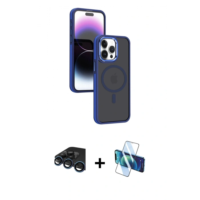 MARSİLYAN™- iPhone 15 Pro Max Kılıf Yörünge Klasik - Siyah 3D Antistatik Seramik Nano Ekran Koruyucu + Raze Metal Kamera Lens - LT
