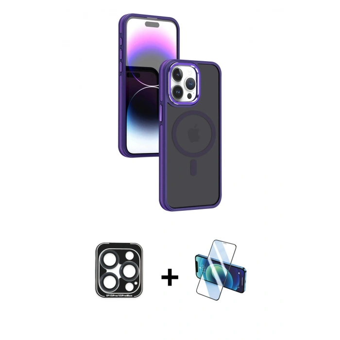 MARSİLYAN™- iPhone 15 Pro Max Kılıf Yörünge Klasik - Siyah 3D Antistatik Seramik Nano Ekran Koruyucu + PVD Metal Kamera Lens - LT