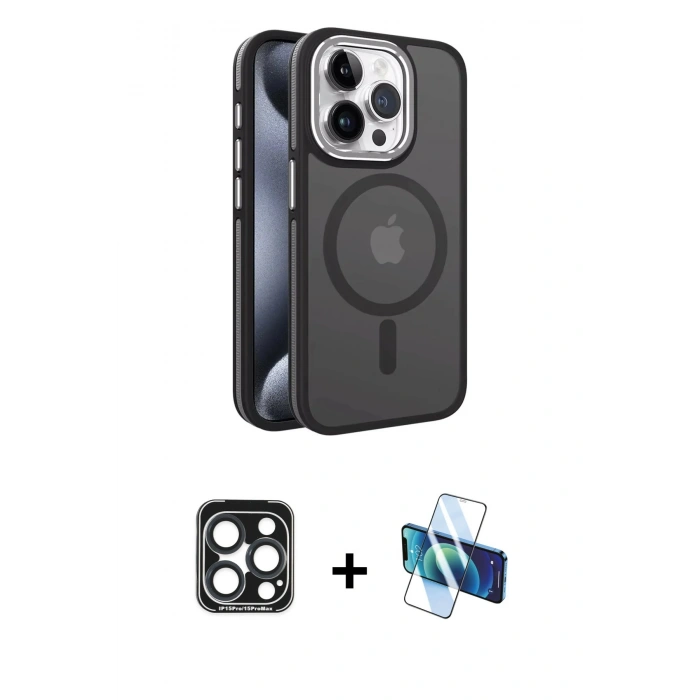 MARSİLYAN™- iPhone 15 Pro Max Kılıf Yörünge Klasik - Siyah 3D Antistatik Seramik Nano Ekran Koruyucu + PVD Metal Kamera Lens - LT