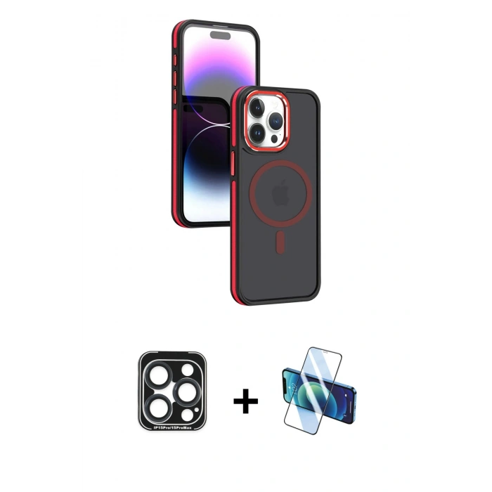 MARSİLYAN™- iPhone 15 Pro Max Kılıf Yörünge Klasik - Siyah 3D Antistatik Seramik Nano Ekran Koruyucu + PVD Metal Kamera Lens - LT