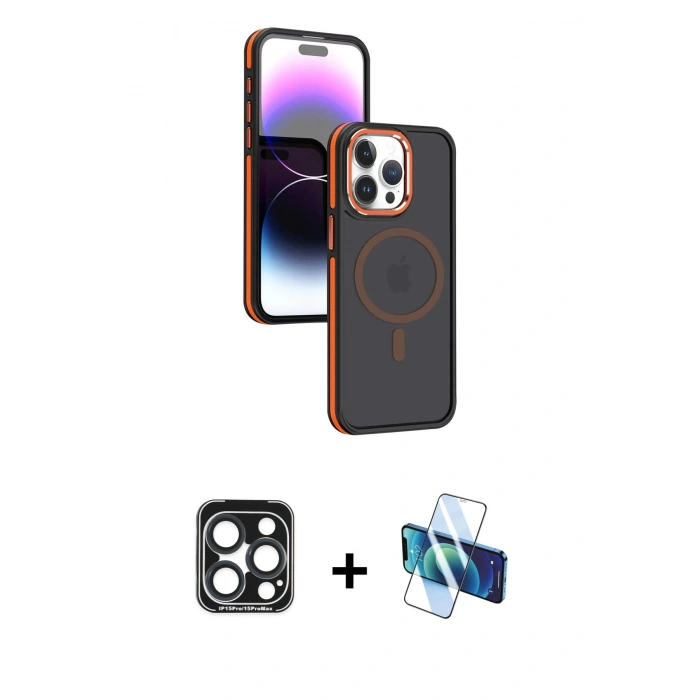 MARSİLYAN™- iPhone 15 Pro Max Kılıf Yörünge Klasik - Siyah 3D Antistatik Seramik Nano Ekran Koruyucu + PVD Metal Kamera Lens - LT
