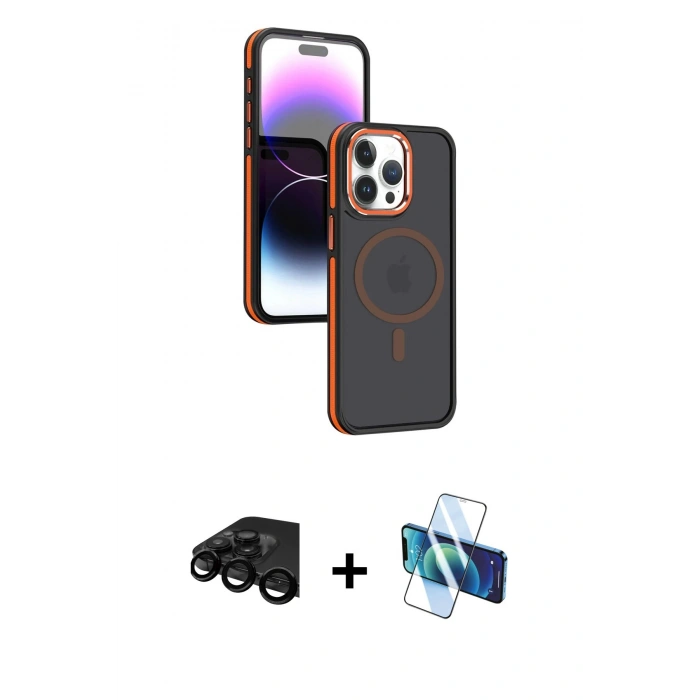 MARSİLYAN™- iPhone 15 Pro Max Kılıf Yörünge Klasik - Siyah 3D Antistatik Seramik Nano Ekran Koruyucu + Raze Metal Kamera Lens - SH