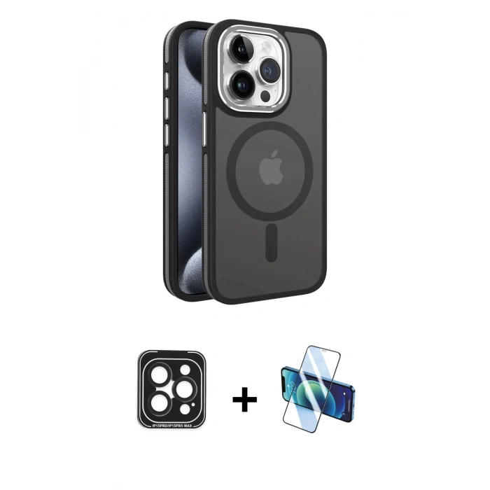 MARSİLYAN™- iPhone 15 Pro Max Kılıf Yörünge Klasik - Siyah 3D Antistatik Seramik Nano Ekran Koruyucu + PVD Metal Kamera Lens - SH