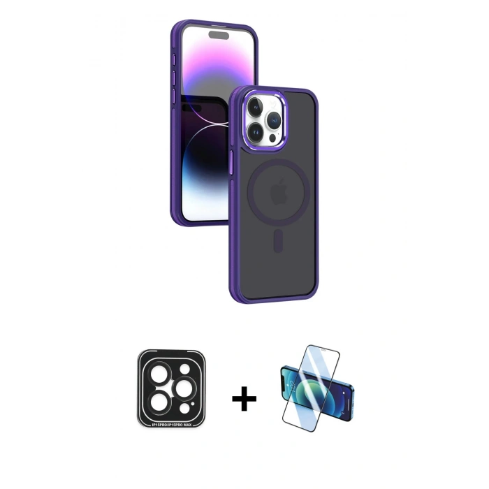MARSİLYAN™- iPhone 15 Pro Max Kılıf Yörünge Klasik - Siyah 3D Antistatik Seramik Nano Ekran Koruyucu + PVD Metal Kamera Lens - SH