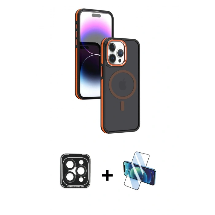 MARSİLYAN™- iPhone 15 Pro Max Kılıf Yörünge Klasik - Siyah 3D Antistatik Seramik Nano Ekran Koruyucu + PVD Metal Kamera Lens - SH