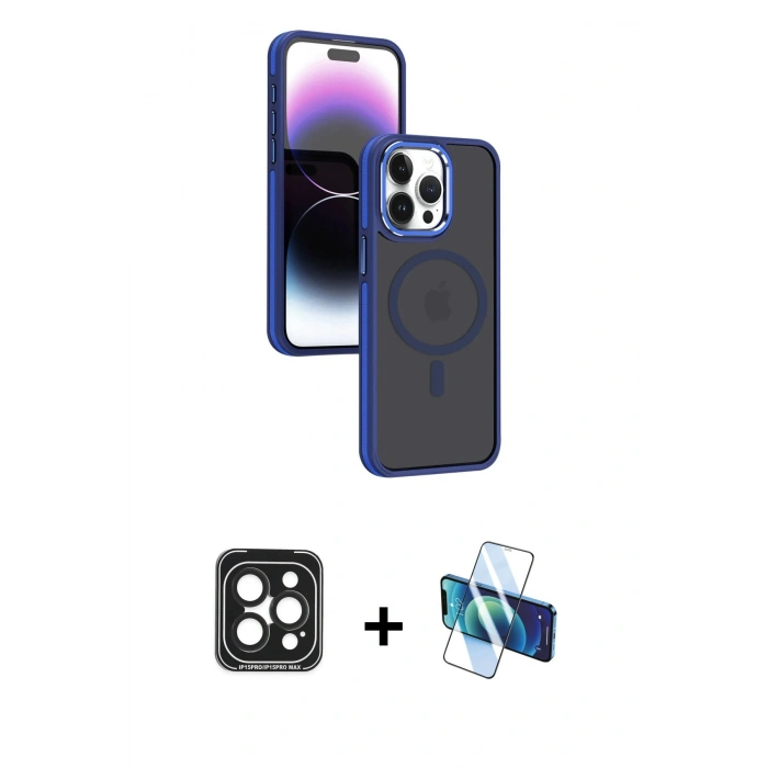 MARSİLYAN™- iPhone 15 Pro Max Kılıf Yörünge Klasik - Siyah 3D Antistatik Seramik Nano Ekran Koruyucu + PVD Metal Kamera Lens - SH
