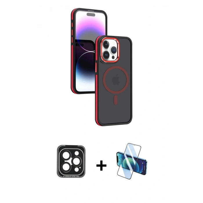 MARSİLYAN™- iPhone 15 Pro Max Kılıf Yörünge Klasik - Siyah 3D Antistatik Seramik Nano Ekran Koruyucu + PVD Metal Kamera Lens - SH