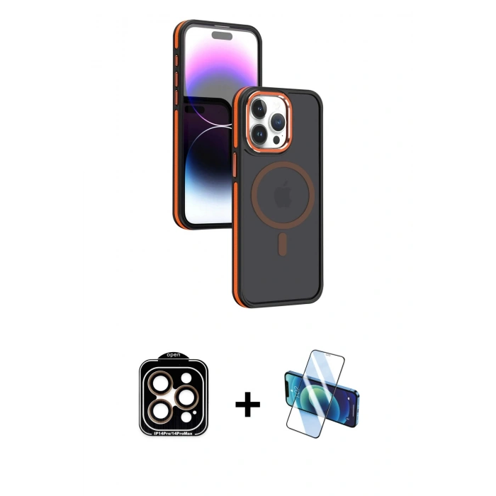 MARSİLYAN™- iPhone 15 Pro Max Kılıf Yörünge Klasik - Siyah 3D Antistatik Seramik Nano Ekran Koruyucu + PVD Metal Kamera Lens - TU