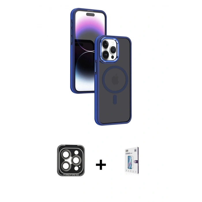 MARSİLYAN™- iPhone 15 Pro Max Kılıf Yörünge Klasik - Siyah Bilvis 0.18mm Plus Cam Ekran Koruyucu + PVD Metal Kamera Lens - GI