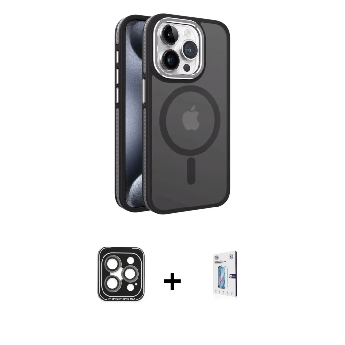 MARSİLYAN™- iPhone 15 Pro Max Kılıf Yörünge Klasik - Siyah Bilvis 0.18mm Plus Cam Ekran Koruyucu + PVD Metal Kamera Lens - GI