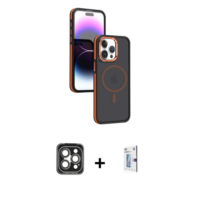 MARSİLYAN™- iPhone 15 Pro Max Kılıf Yörünge Klasik - Siyah Bilvis 0.18mm Plus Cam Ekran Koruyucu + PVD Metal Kamera Lens - GI