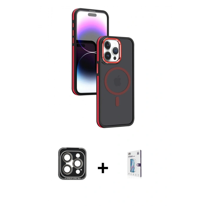 MARSİLYAN™- iPhone 15 Pro Max Kılıf Yörünge Klasik - Siyah Bilvis 0.18mm Plus Cam Ekran Koruyucu + PVD Metal Kamera Lens - GI