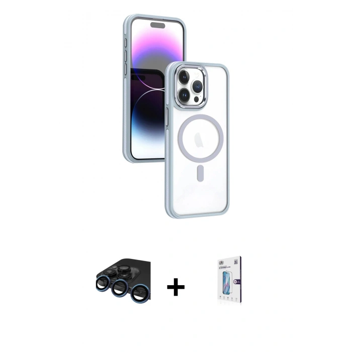 MARSİLYAN™- iPhone 15 Pro Max Kılıf Yörünge Klasik - Siyah Bilvis 0.18mm Plus Cam Ekran Koruyucu + Raze Metal Kamera Lens - LT