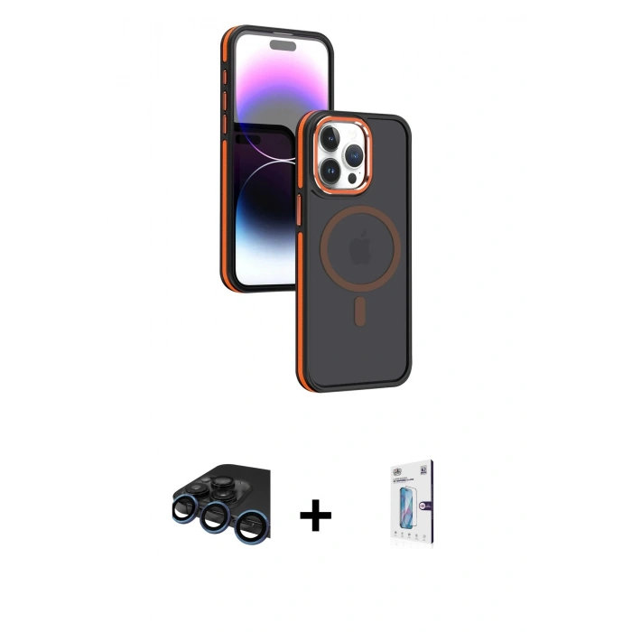 MARSİLYAN™- iPhone 15 Pro Max Kılıf Yörünge Klasik - Siyah Bilvis 0.18mm Plus Cam Ekran Koruyucu + Raze Metal Kamera Lens - LT