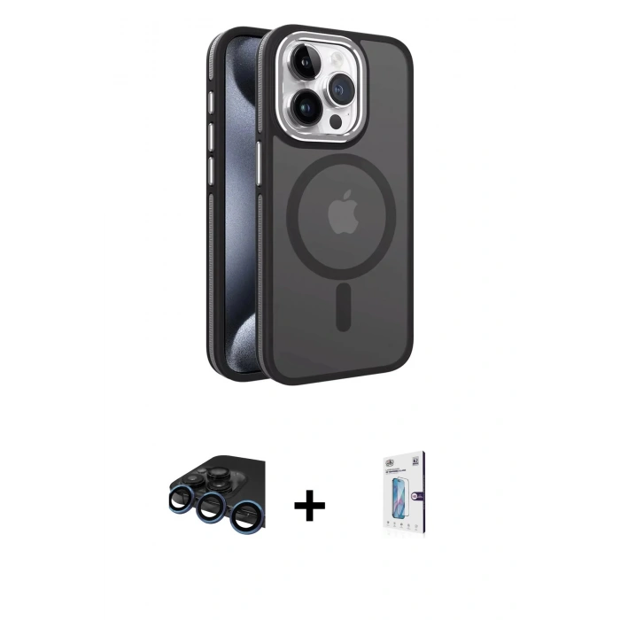 MARSİLYAN™- iPhone 15 Pro Max Kılıf Yörünge Klasik - Siyah Bilvis 0.18mm Plus Cam Ekran Koruyucu + Raze Metal Kamera Lens - LT