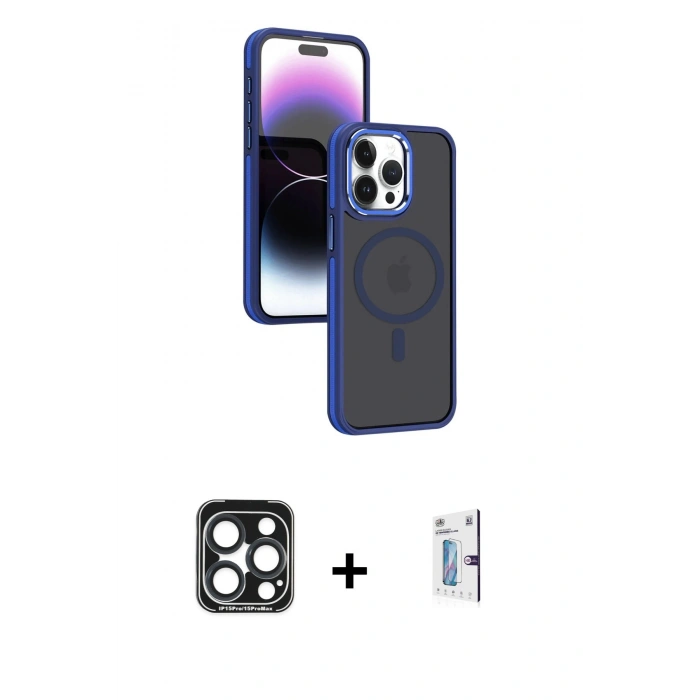 MARSİLYAN™- iPhone 15 Pro Max Kılıf Yörünge Klasik - Siyah Bilvis 0.18mm Plus Cam Ekran Koruyucu + PVD Metal Kamera Lens - LT