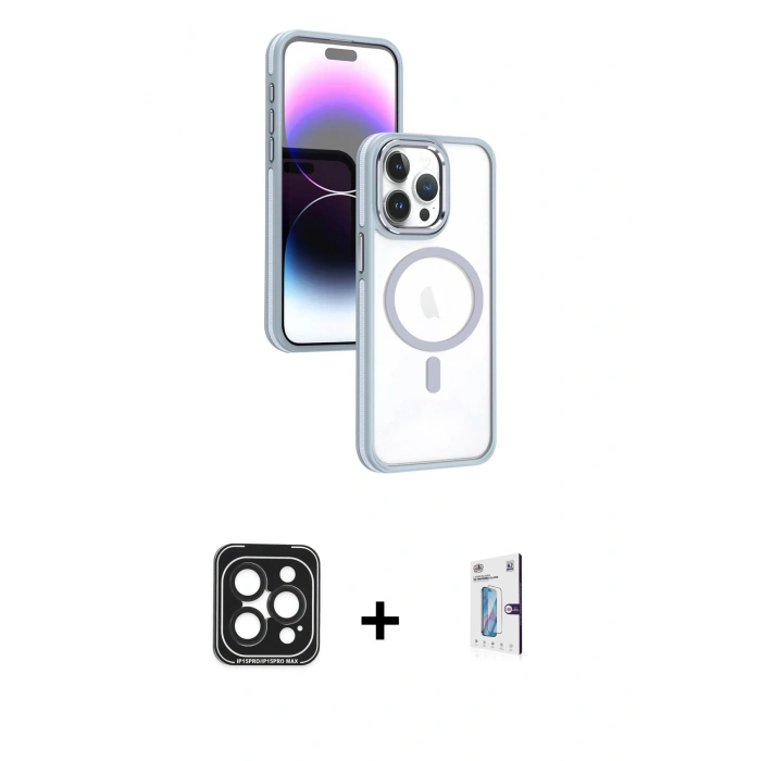 MARSİLYAN™- iPhone 15 Pro Max Kılıf Yörünge Klasik - Siyah Bilvis 0.18mm Plus Cam Ekran Koruyucu + PVD Metal Kamera Lens - SH