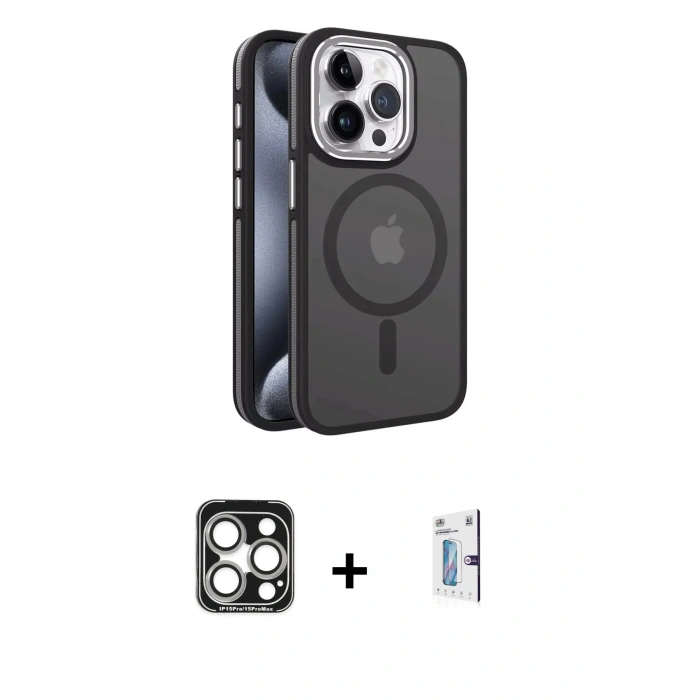 MARSİLYAN™- iPhone 15 Pro Max Kılıf Yörünge Klasik - Siyah Bilvis 0.18mm Plus Cam Ekran Koruyucu + PVD Metal Kamera Lens - GS