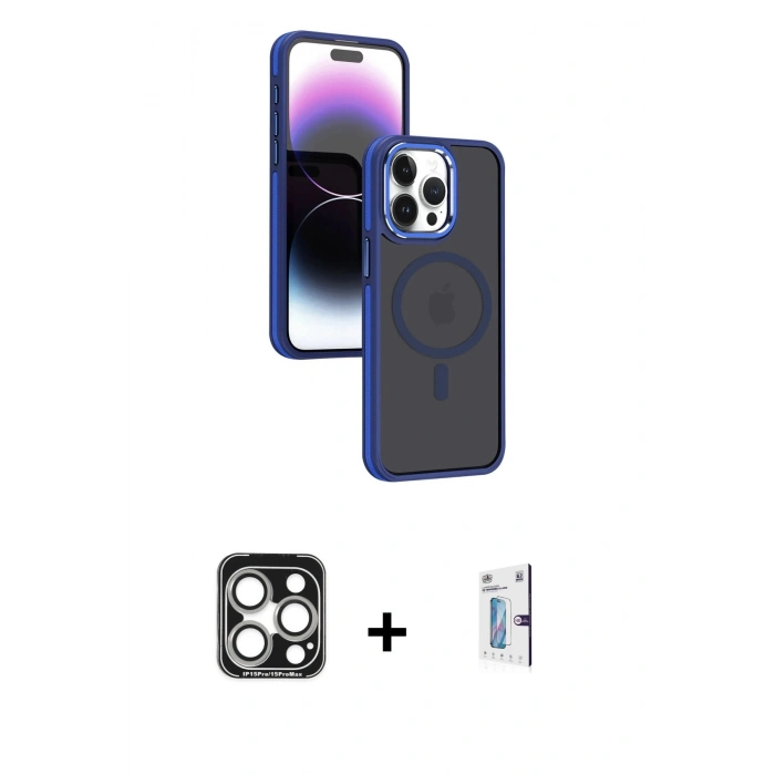 MARSİLYAN™- iPhone 15 Pro Max Kılıf Yörünge Klasik - Siyah Bilvis 0.18mm Plus Cam Ekran Koruyucu + PVD Metal Kamera Lens - GS