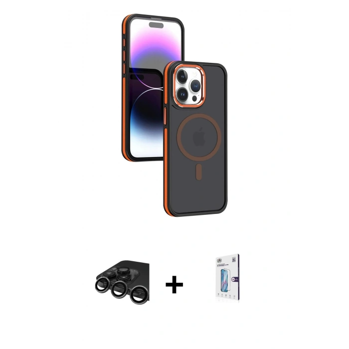 MARSİLYAN™- iPhone 15 Pro Max Kılıf Yörünge Klasik - Siyah Bilvis 0.18mm Plus Cam Ekran Koruyucu + Raze Metal Kamera Lens - TMGI