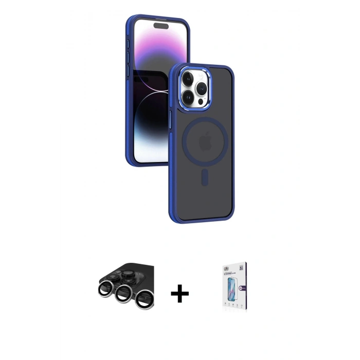 MARSİLYAN™- iPhone 15 Pro Max Kılıf Yörünge Klasik - Siyah Bilvis 0.18mm Plus Cam Ekran Koruyucu + Raze Metal Kamera Lens - GS