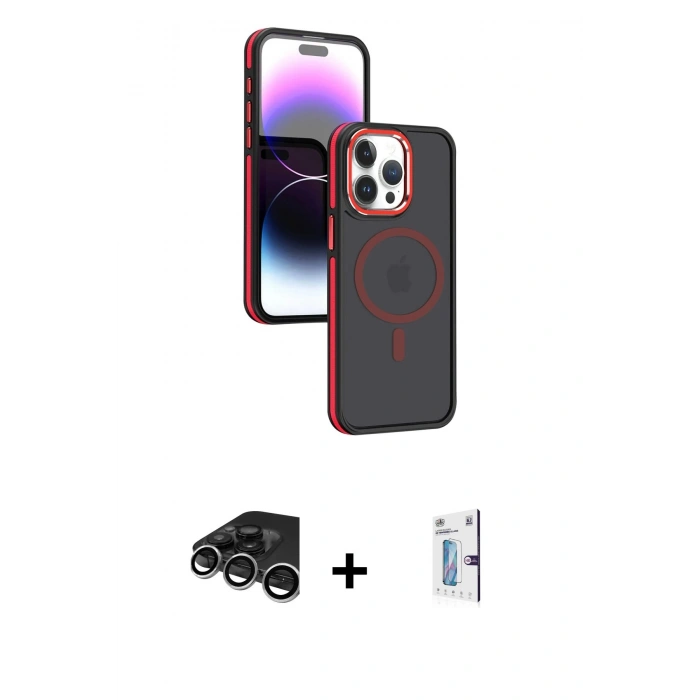 MARSİLYAN™- iPhone 15 Pro Max Kılıf Yörünge Klasik - Siyah Bilvis 0.18mm Plus Cam Ekran Koruyucu + Raze Metal Kamera Lens - GS