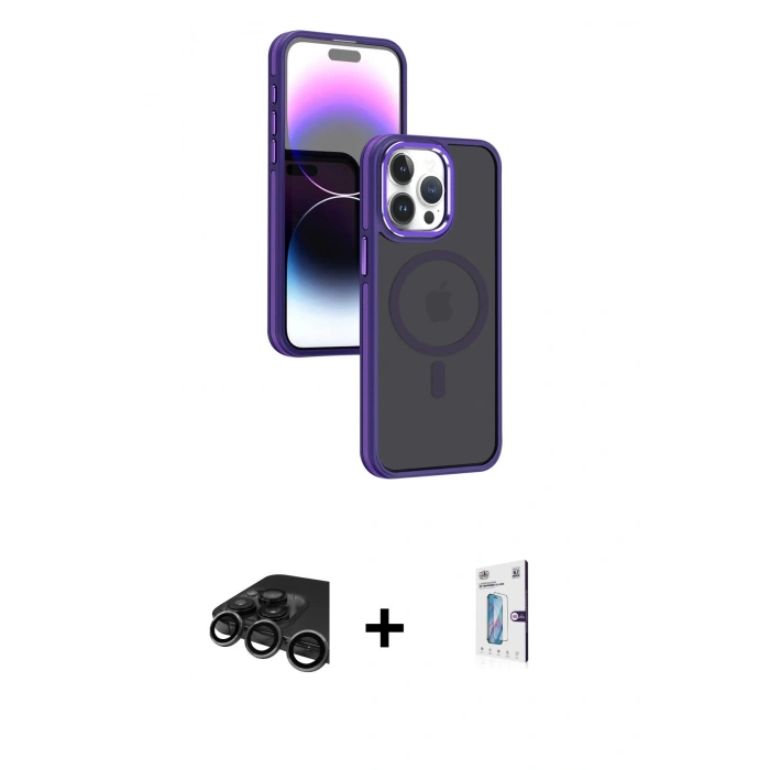 MARSİLYAN™- iPhone 15 Pro Max Kılıf Yörünge Klasik - Siyah Bilvis 0.18mm Plus Cam Ekran Koruyucu + Raze Metal Kamera Lens - TMGI