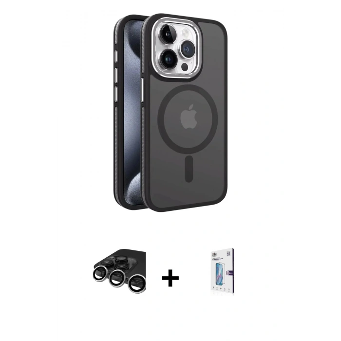 MARSİLYAN™- iPhone 15 Pro Max Kılıf Yörünge Klasik - Siyah Bilvis 0.18mm Plus Cam Ekran Koruyucu + Raze Metal Kamera Lens - GS