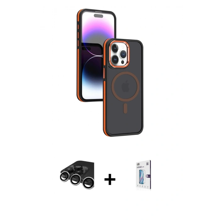 MARSİLYAN™- iPhone 15 Pro Max Kılıf Yörünge Klasik - Siyah Bilvis 0.18mm Plus Cam Ekran Koruyucu + Raze Metal Kamera Lens - GS