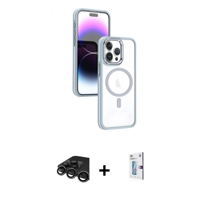 MARSİLYAN™- iPhone 15 Pro Max Kılıf Yörünge Klasik - Siyah Bilvis 0.18mm Plus Cam Ekran Koruyucu + Raze Metal Kamera Lens - TMGI